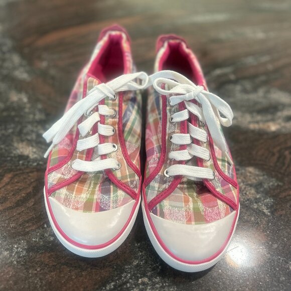 Coach Pink and muti plaid lace up canvas sneakers - Size 8 - Picture 1 of 8